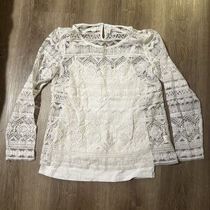 Garnet Hill White knit Lace Long Sleeve Top XSmall w attached cami under